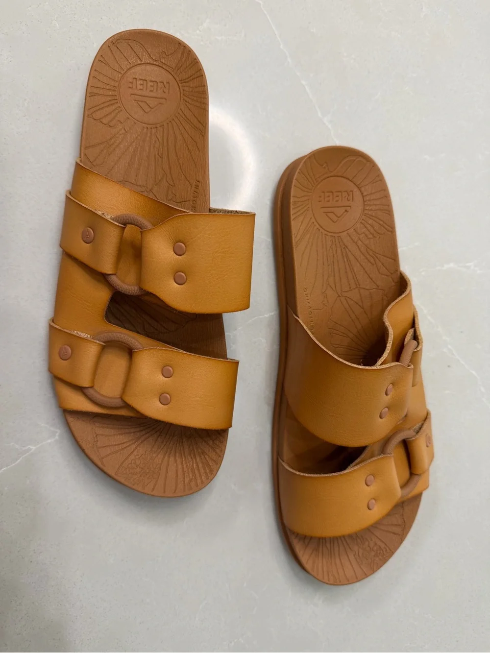 REEF Cushion Vera Cruz Tan Slide Sandals Size 9 Bohemian Chunky Buckle Vegan